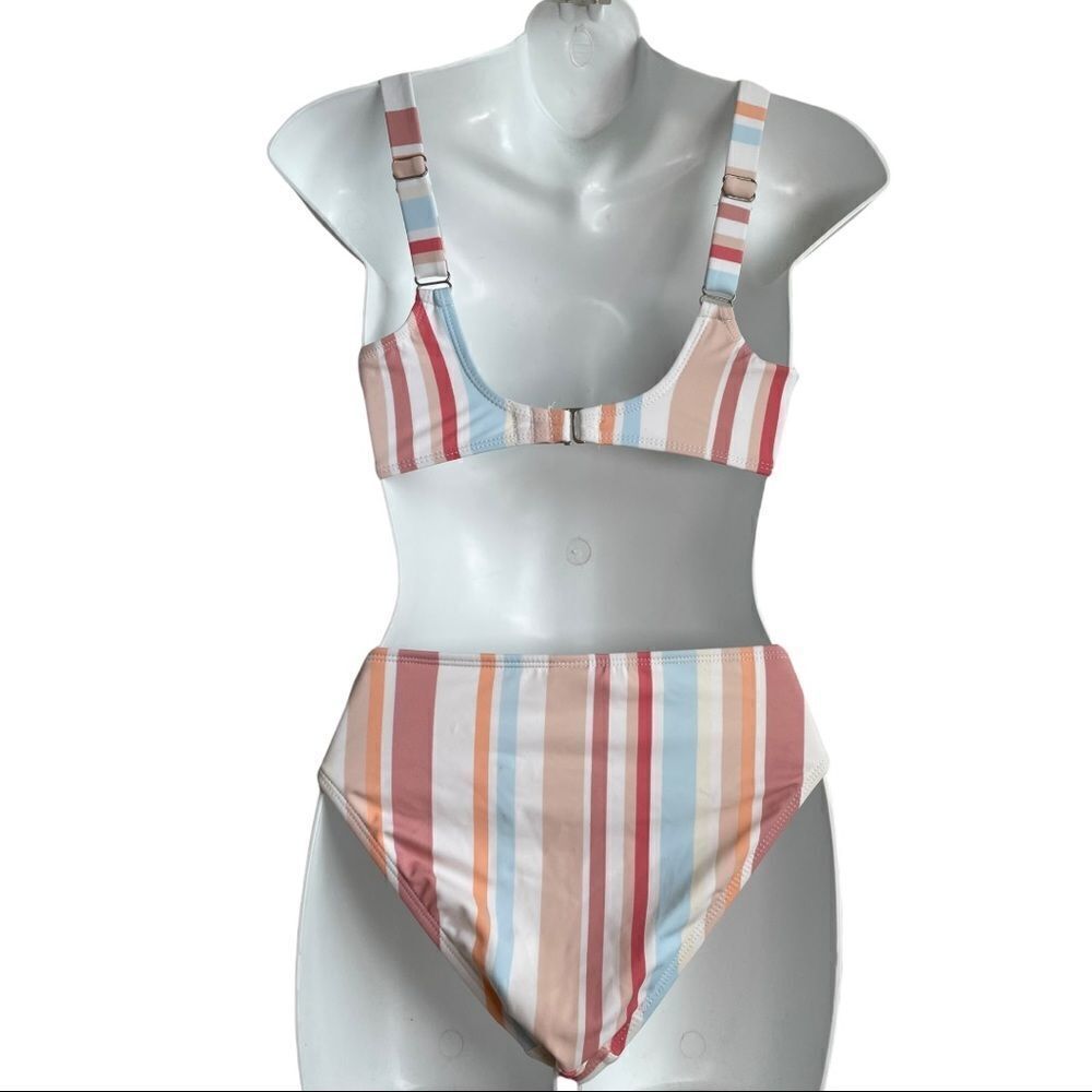Xhilaration Multi Striped Hipster Bikini Bralette Swimsuit Top Medium White Clay - Picture 10 of 11